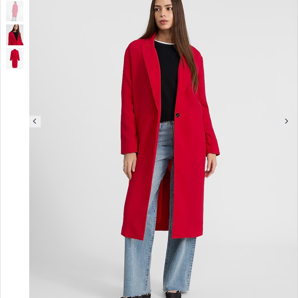 Express Red Trench Coat with Lapel Collar and Full-Length Design